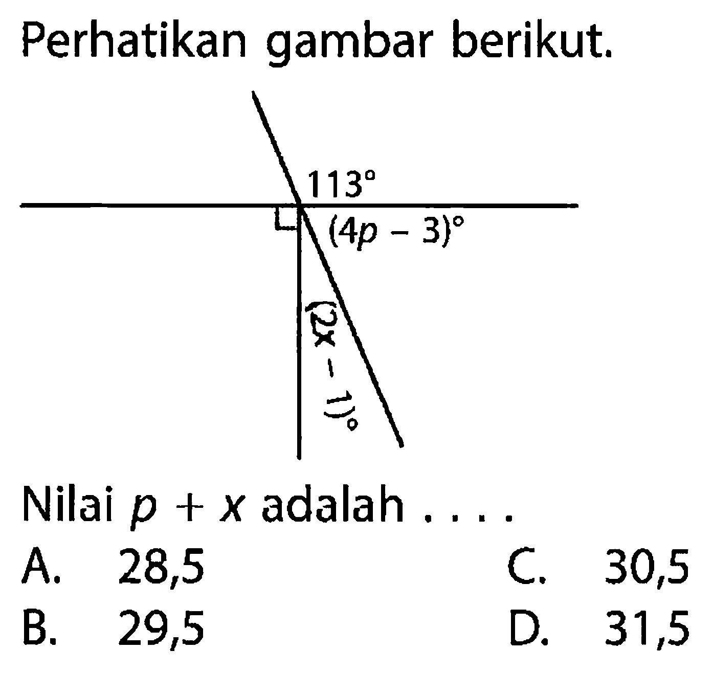 Perhatikan gambar berikut. 113 (4p-3) (2x-1)Nilai  p+x  adalah ....A. 28,5C. 30,5B. 29,5D. 31,5