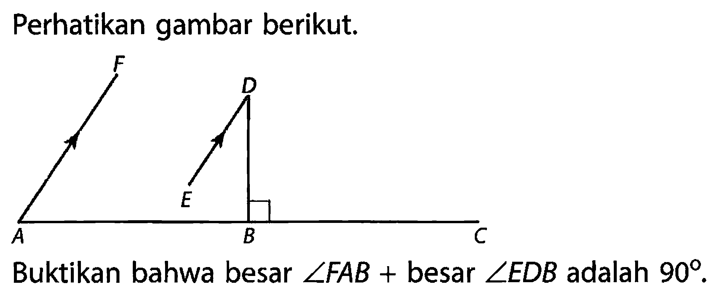 Perhatikan gambar berikut. Buktikan bahwa besar sudutFAB + besar sudutEDB adalah 90.