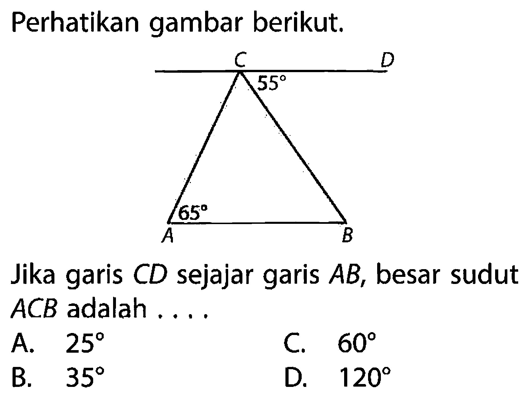 Perhatikan gambar berikut. C D 55 65 A B Jika garis CD sejajar garis AB, besar sudut ACB adalah .... 