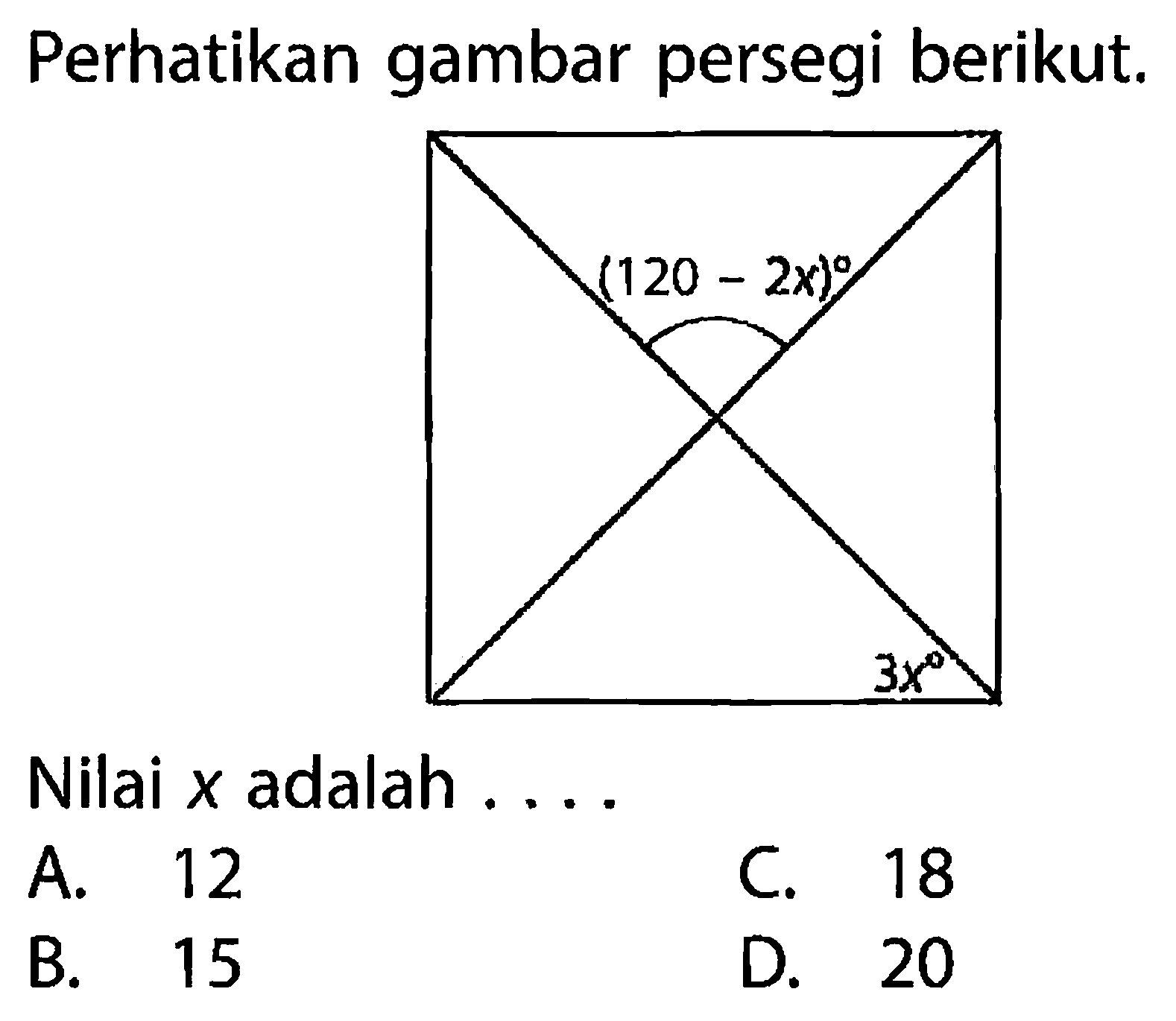 Perhatikan gambar persegi berikut. (120-2x)Nilai  x  adalah .... A. 12 B. 15 C. 18 D. 20