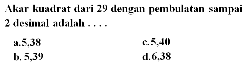 Akar kuadrat dari 29 dengan pembulatan sampai 2 desimal adalah ....