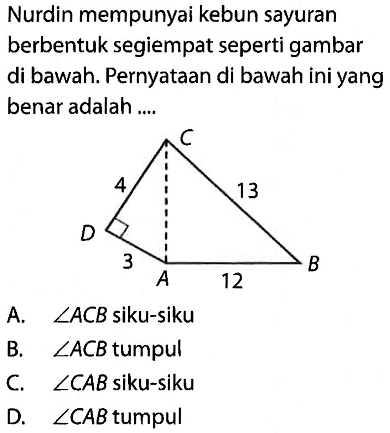 Nurdin mempunyai kebun sayuran berbentuk segiempat seperti gambar di bawah. Pernyataan di bawah ini yang benar adalah ....4 C 13 D 3 A 12 B