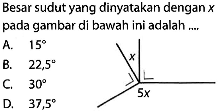 Besar sudut yang dinyatakan dengan x pada gambar di bawah ini adalah ....x 5x 