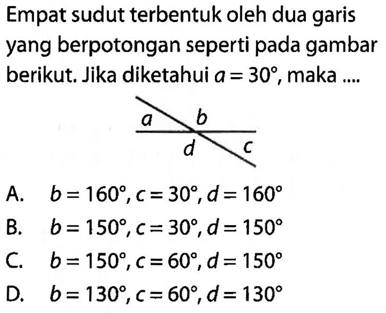 Empat sudut terbentuk oleh dua garis yang berpotongan seperti pada gambar berikut. Jika diketahui a=30, maka .... a b d c A. b=160, c=30, d=160 B. b=150, c=30, d=150 C. b=150, c=60, d=150 D. b=130, c=60, d=130 