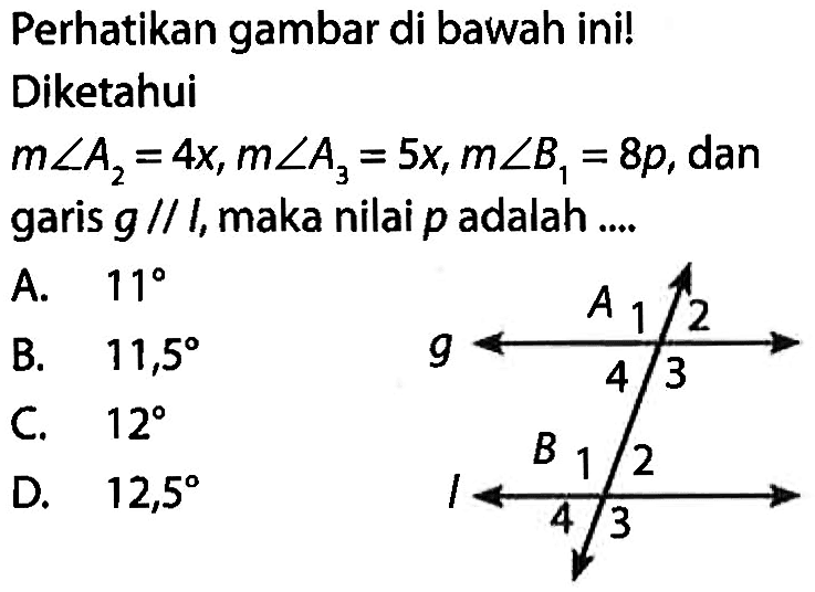 Perhatikan gambar di bawah ini! Diketahui m sudut A2=4 x, m sudut A3=5 x, m sudut B1=8 p, dan garis g // 1, maka nilai p adalah .... A 1 2 3 4 g B 1 2 3 4 l 