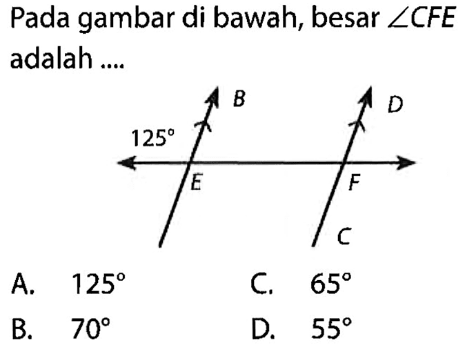 Pada gambar di bawah, besar sudut CFE adalah .... 125 B E C F D