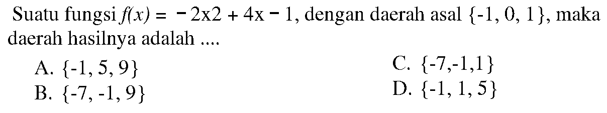 Suatu fungsi f(x) = -2x^2 + 4x - 1, dengan daerah asal {-1, 0, 1 }, maka 7 daerah hasilnya adalah