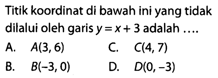 Titik koordinat di bawah ini yang tidak dilalui oleh garis y = x + 3 adalah