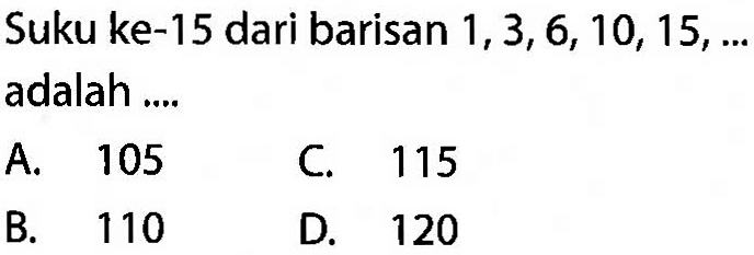 Suku ke-15 dari barisan 1, 3, 6, 10, 15, ... adalah ...