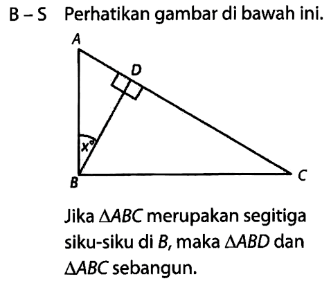 B-S Perhatikan gambar di bawah ini. Jika segitiga ABC merupakan segitiga siku-sikudi B, maka segitiga ABD dan segitiga ABC sebangun. 