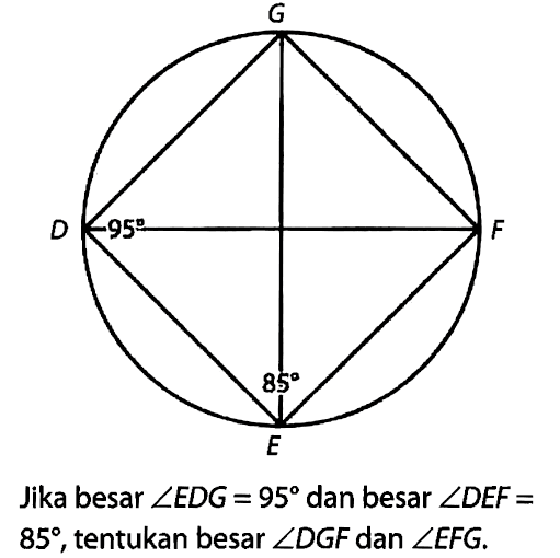 G D 95 F E 85 Jika besar sudut EDG=95 dan besar sudut DEF= 85, tentukan besar sudut DGF dan sudut EFG.