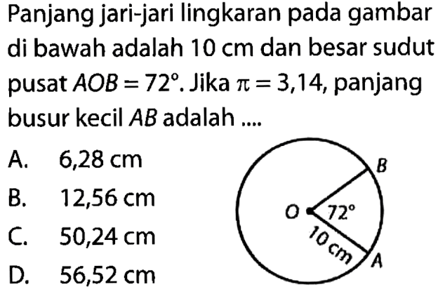 Panjang jari-jari lingkaran pada gambar di bawah adalah  10 cm  dan besar sudut pusat  AOB=72 . Jika  pi=3,14 , panjang busur kecil  AB  adalah ....