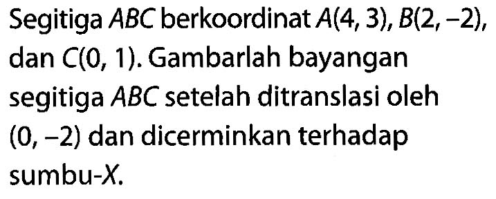 Segitiga ABC berkoordinat A(4,3), B(2,-2), dan C(0, 1). Gambarlah bayangan segitiga ABC setelah ditranslasi oleh (0,-2) dan dicerminkan terhadap sumbu-X.