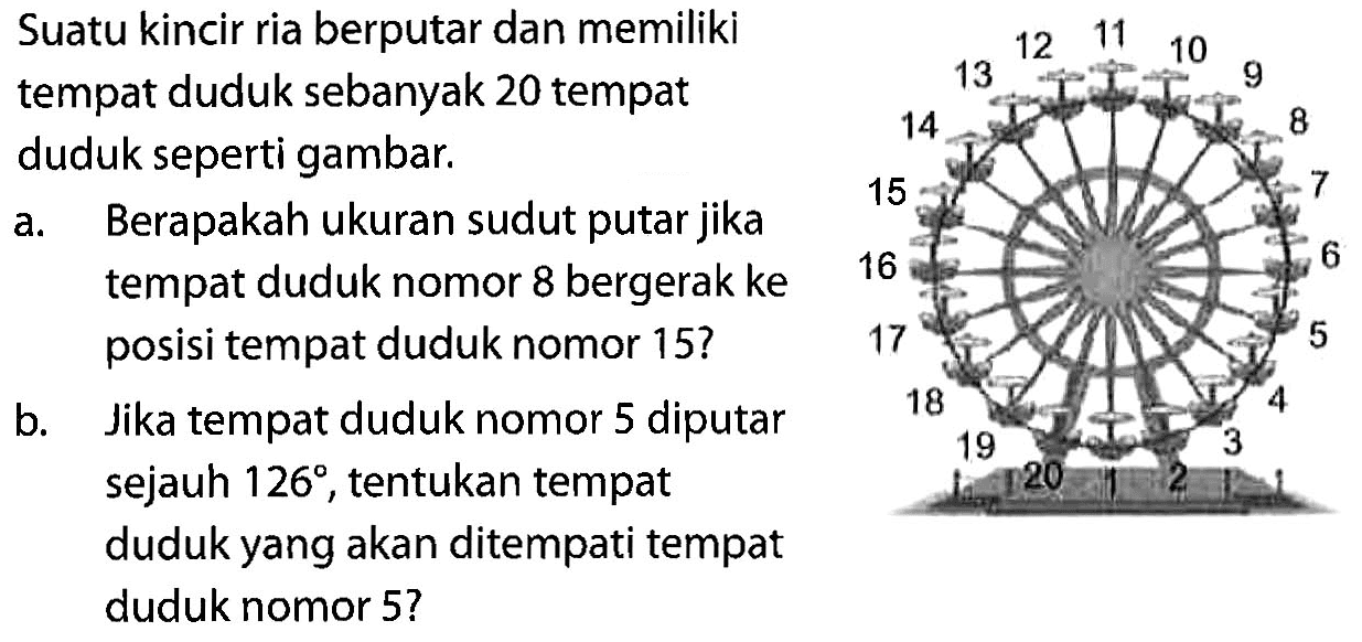 Suatu kincir ria berputar dan memiliki tempat duduk sebanyak 20 tempat duduk seperti gambar.
a. Berapakah ukuran sudut putar jika tempat duduk nomor 8 bergerak ke posisi tempat duduk nomor 15?
b. Jika tempat duduk nomor 5 diputar sejauh 126, tentukan tempat duduk yang akan ditempati tempat duduk nomor 5? 1 2 3 4 5 6 7 8 9 10 11 12 13 14 15 16 17 18 19 20 