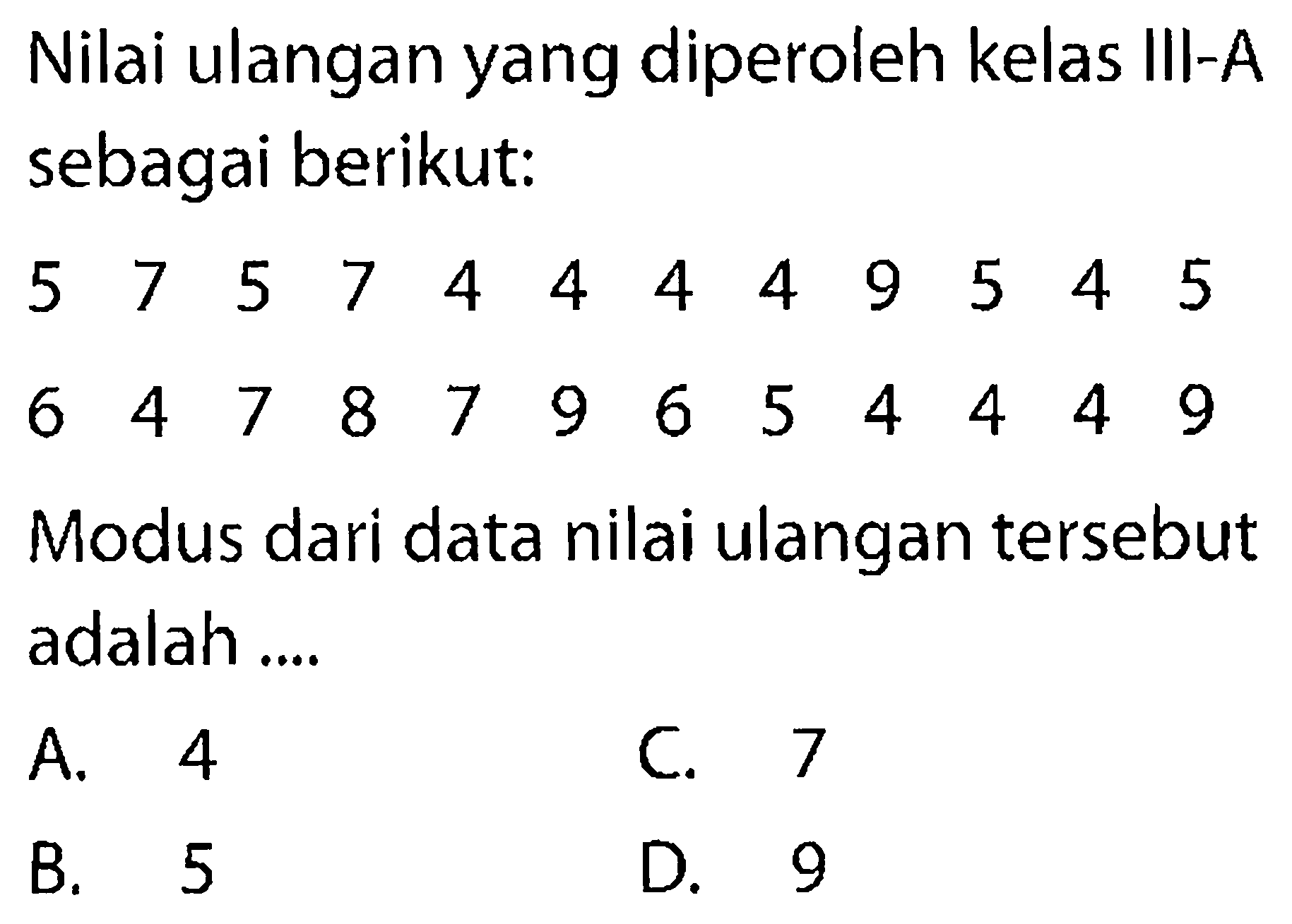 Nilai ulangan yang diperoleh kelas III-A sebagai berikut: 5 7  5  7  4  4  4  4  9  5  4  5  6  4  7  8  7  9  6  5  4  4  4  9 Modus dari data nilai ulangan tersebut adalah ....