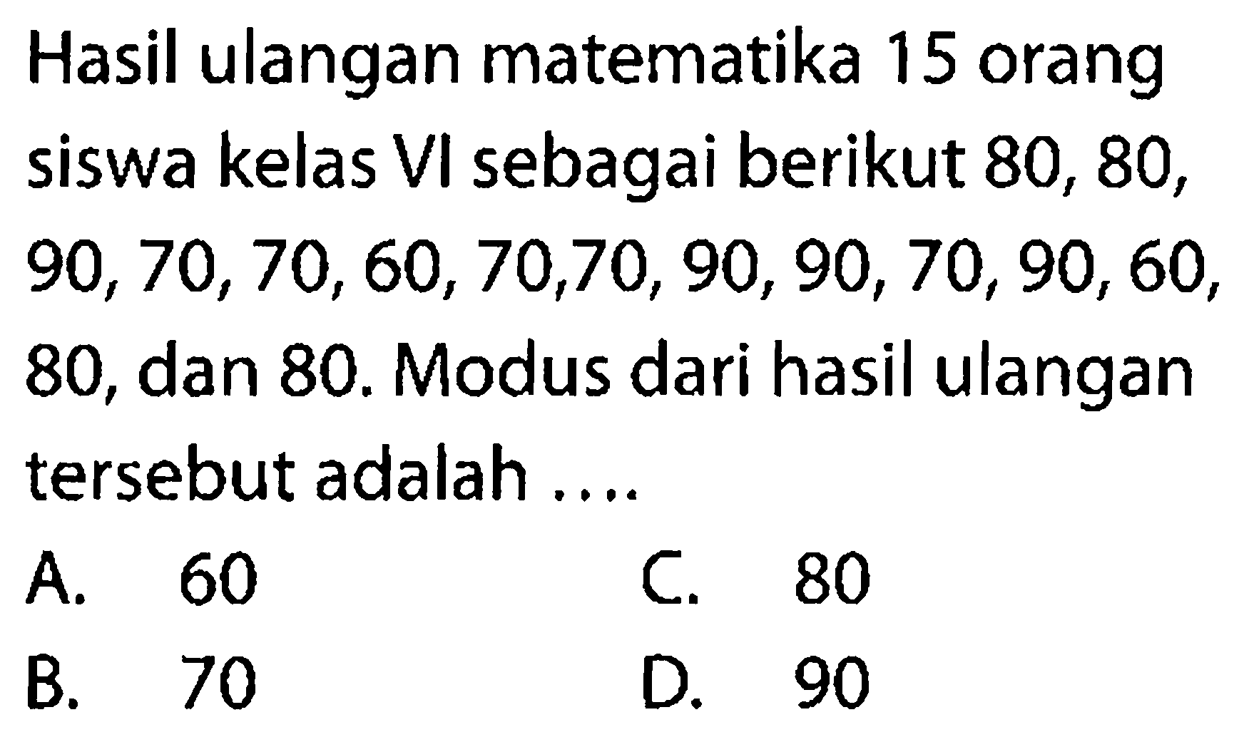 Hasil ulangan matematika 15 orang siswa kelas VI sebagai berikut 80, 80,  90,70,70,60,70,70,90,90,70,90,60 , 80, dan  80 .  Modus dari hasil ulangan tersebut adalah ....