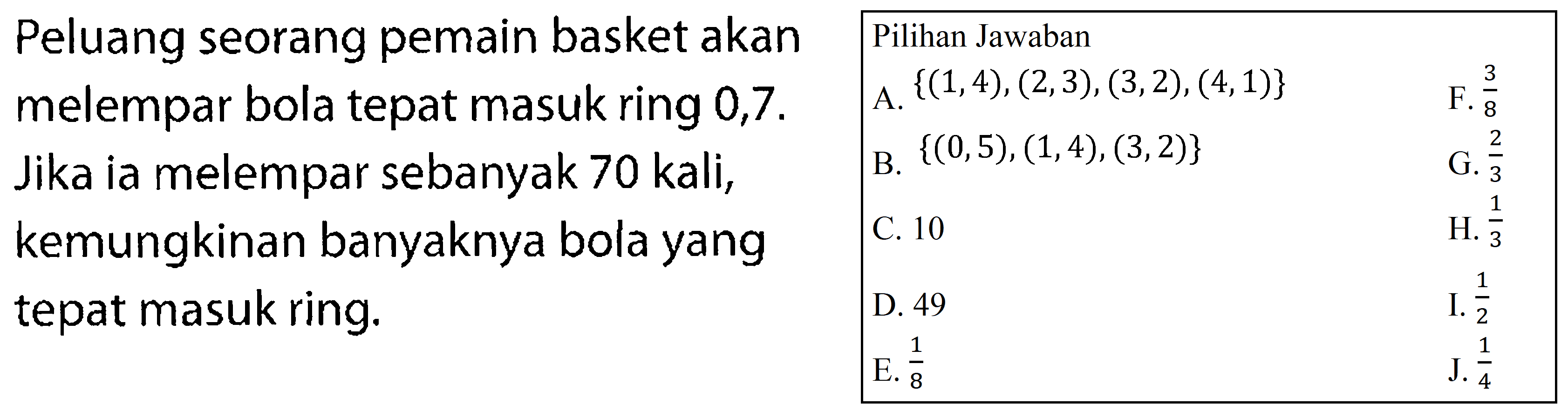 Peluang seorang pemain basket akan Pilihan Jawaban melempar bola tepat masuk ring 0,7. Jika ia melempar sebanyak 70 kali, kemungkinan banyaknya bola yangtepat masuk ring.A. {(1,4),(2,3),(3,2),(4,1)} F. 3/8 B. {(0,5),(1,4),(3,2)} G. 2/3 C. 10 H. 1/3 D. 49 I. 1/2E. 1/8 J. 1/4 