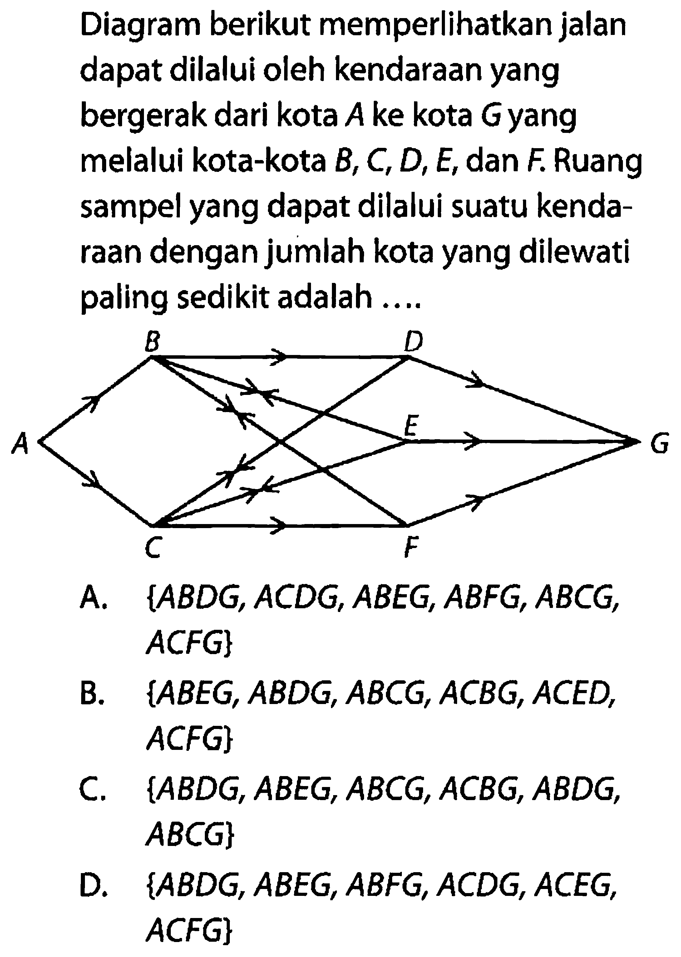 Diagram berikut memperlikan jalan dapat dilalui oleh kendaraan yang bergerak dari kota  A  ke kota Gyang melalui kota-kota  B, C, D, E , dan F. Ruang sampel yang dapat dilalui suatu kendaraan dengan jumlah kota yang dilewati paling sedikit adalah ....A.  ABDG, ACDG, ABEG, ABFG, ABCG,  ACFG 
B.  ABEG, ABDG, ABCG, ACBG, ACED, ACFG
C.  ABDG, ABEG, ABCG, ACBG, ABDG,  ABCG 
D.  ABDG, ABEG, ABFG, ACDG, ACEG, ACFG