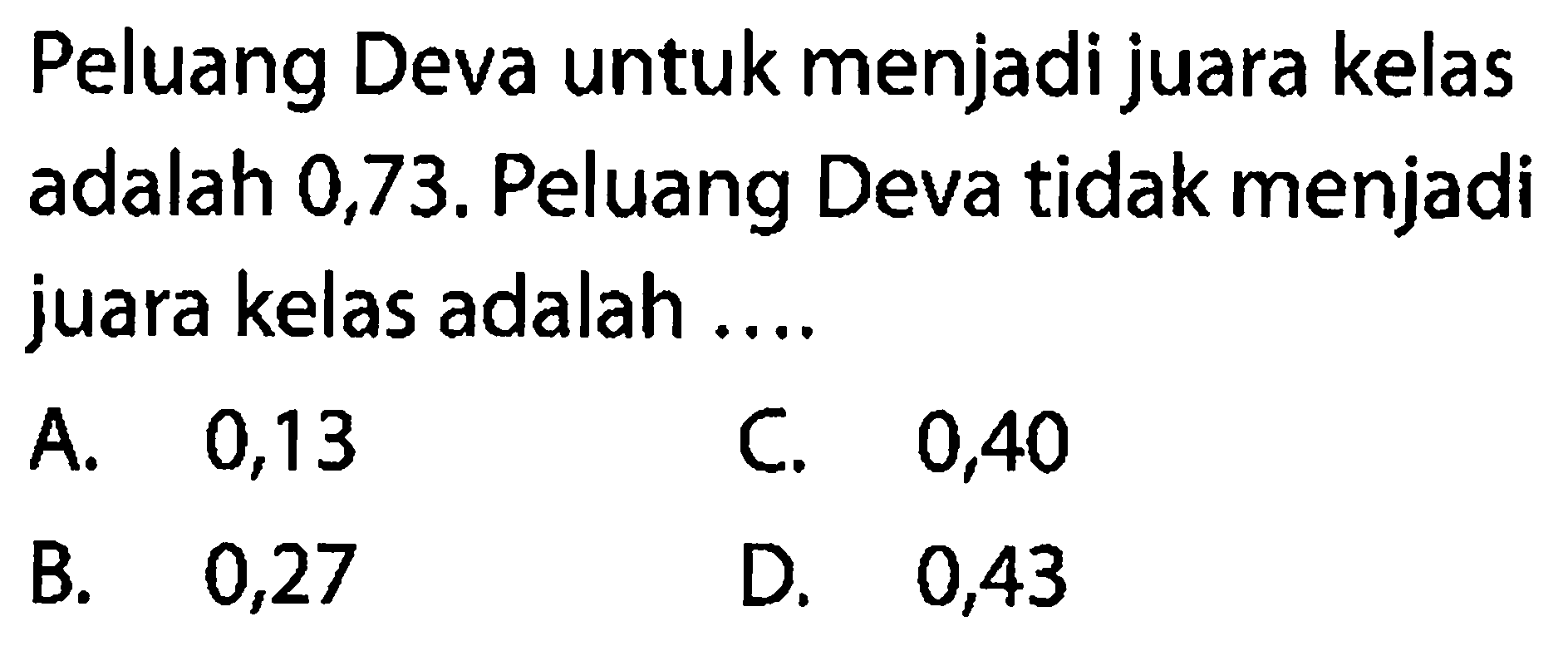 Peluang Deva untuk menjadi juara kelas adalah 0,73. Peluang Deva tidak menjadi juara kelas adalah ....