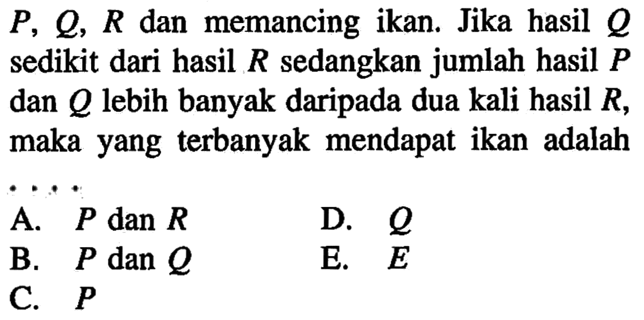 P, Q, R dan memancing ikan. Jika hasil Q sedikit dari hasil R sedangkan jumlah hasil P dan Q lebih banyak daripada dua kali hasil R, maka yang terbanyak mendapat ikan adalah ...