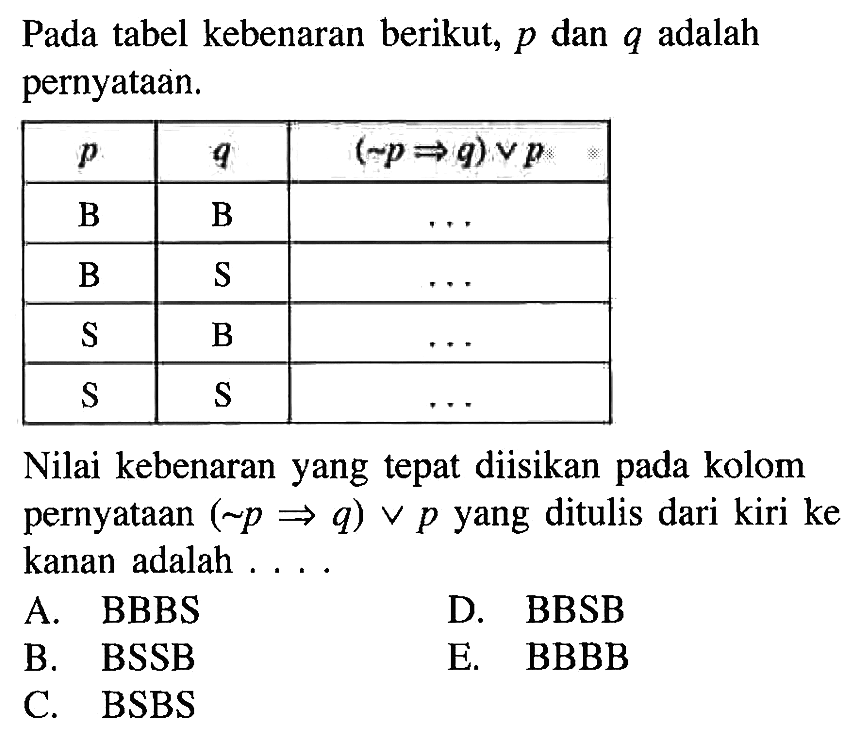 Pada tabel kebenaran berikut, p dan q adalah pernyataan. p    q    (~ p => q) v p   B   B   ...   B   S   ...   S   B   ...   S   S   ...  Nilai kebenaran yang tepat diisikan pada kolom pernyataan  (~p => q) v p yang ditulis dari kiri ke kanan adalah ....