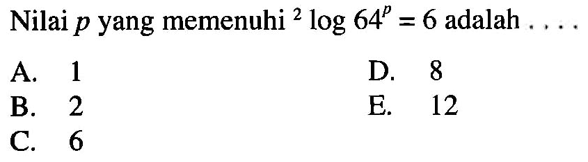 Nilai p yang memenuhi 2log64^p=6 adalah ...