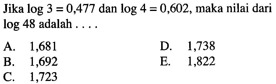 Jika log3=0,477 dan log4=0,602, maka nilai dari log48 adalah ...