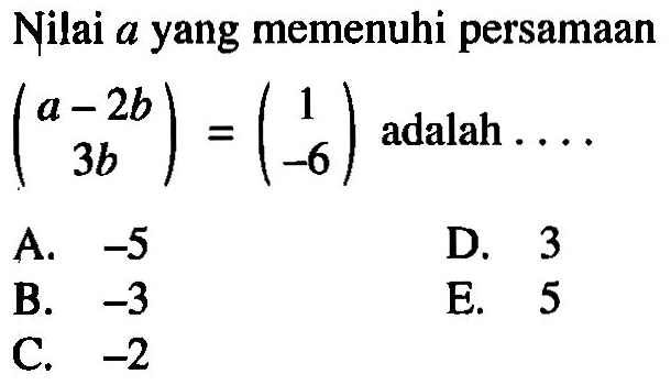 Nilai a yang memenuhi persamaan (a-2b 3b)=(1 -6) adalah . . . .