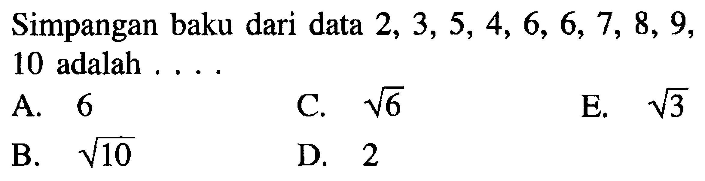 Simpangan baku dari data 2,3,5,4,6,6,7,8,9,10 adalah . . . .