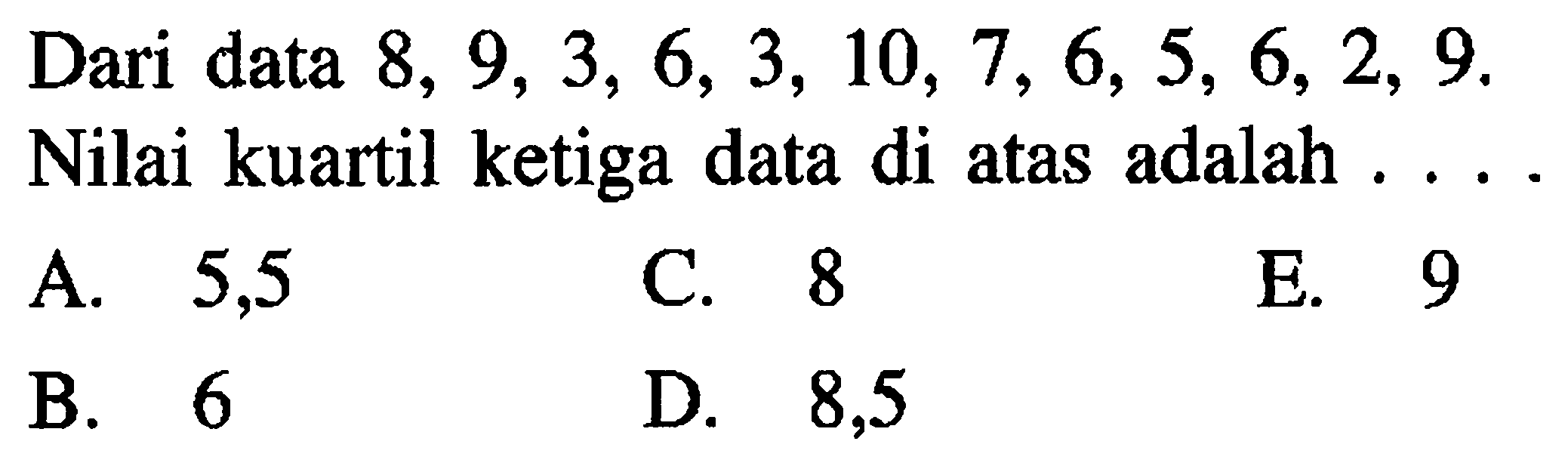 Dari data 8, 9, 3, 6, 3, 10, 7, 6,5, 6, 2, 9, Nilai kuartil ketiga data di atas adalah