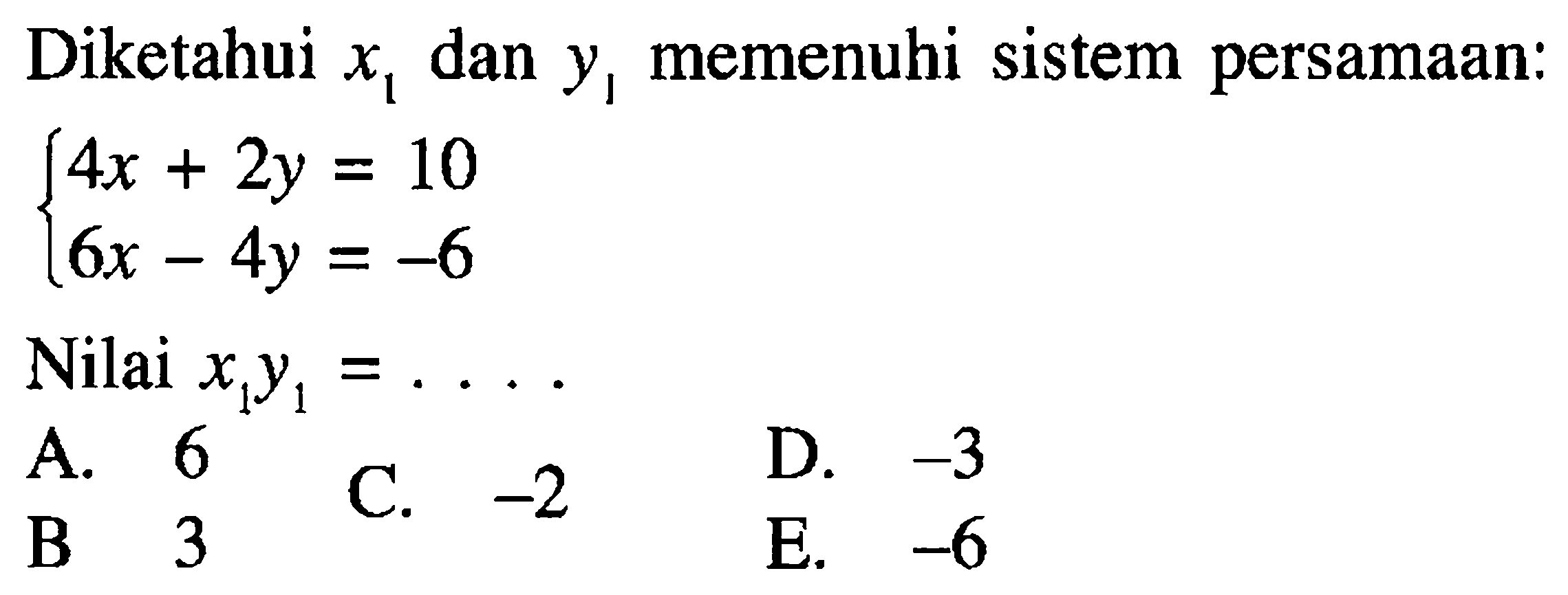 Diketahui x1 dan y1 memenuhi sistem persamaan: 4x+2y=10 6x-4y=-6 Nilai x1y1 = ....