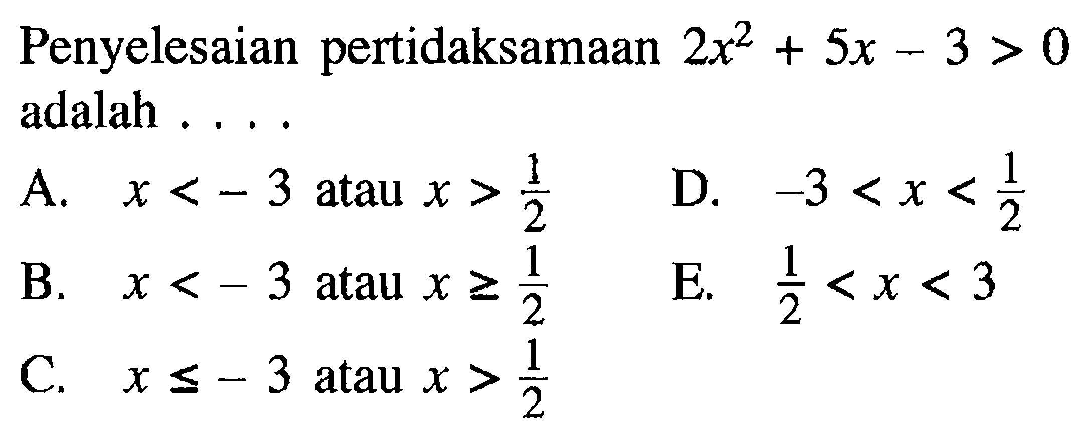 Penyelesaian pertidaksamaan 2x^2+5x-3>0 adalah....