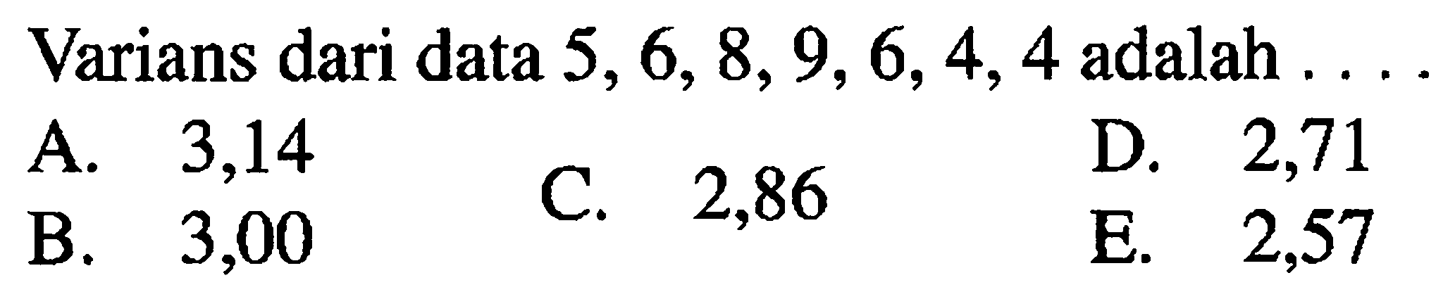 Varians dari data 5, 6, 8, 9, 6, 4, 4 adalah ...