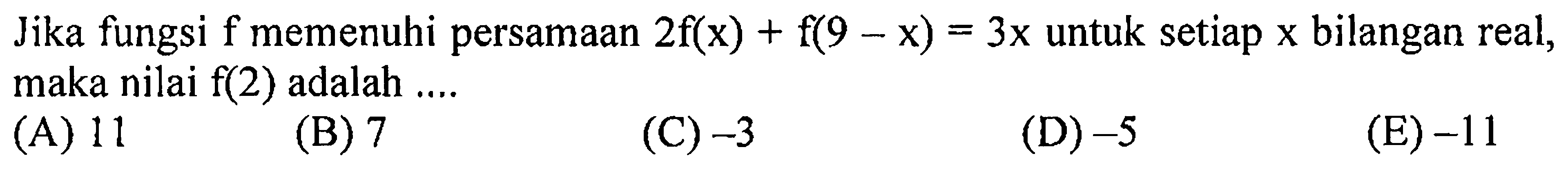 Jika fungsi f memenuhi persamaan 2f(x)+f(9-x)=3x untuk setiap x bilangan real, maka nilai f(2) adalah .... 