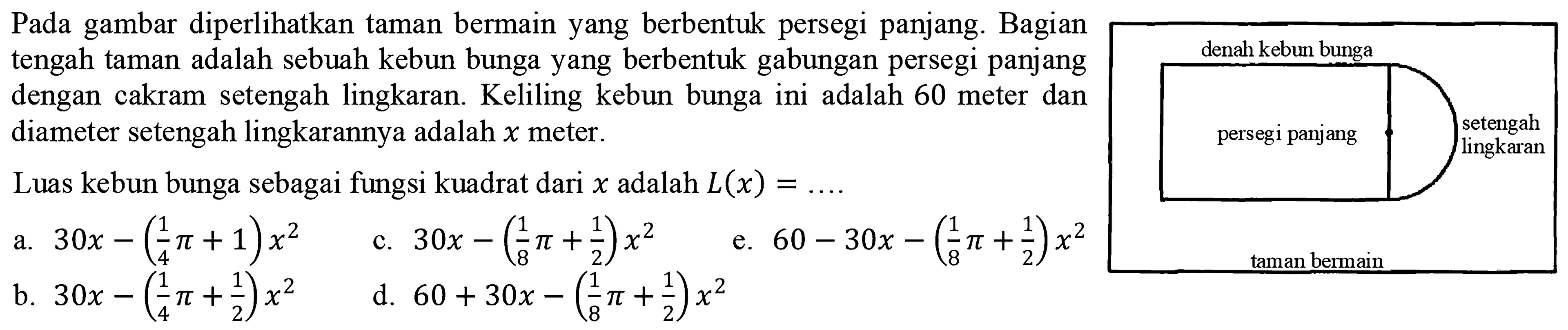 Pada gambar diperlihatkan taman bermain yang berbentuk persegi panjang. Bagian tengah taman adalah sebuah kebun bunga yang berbentuk gabungan persegi panjang dengan cakram setengah lingkaran. Keliling kebun bunga ini adalah 60 meter dan diameter setengah lingkarannya adalah x meter. denah kebun bunga persegi panjang setengah lingkaran taman bermain Luas kebun bunga sebagai fungsi kuadrat dari x adalah L(x)=.... 
