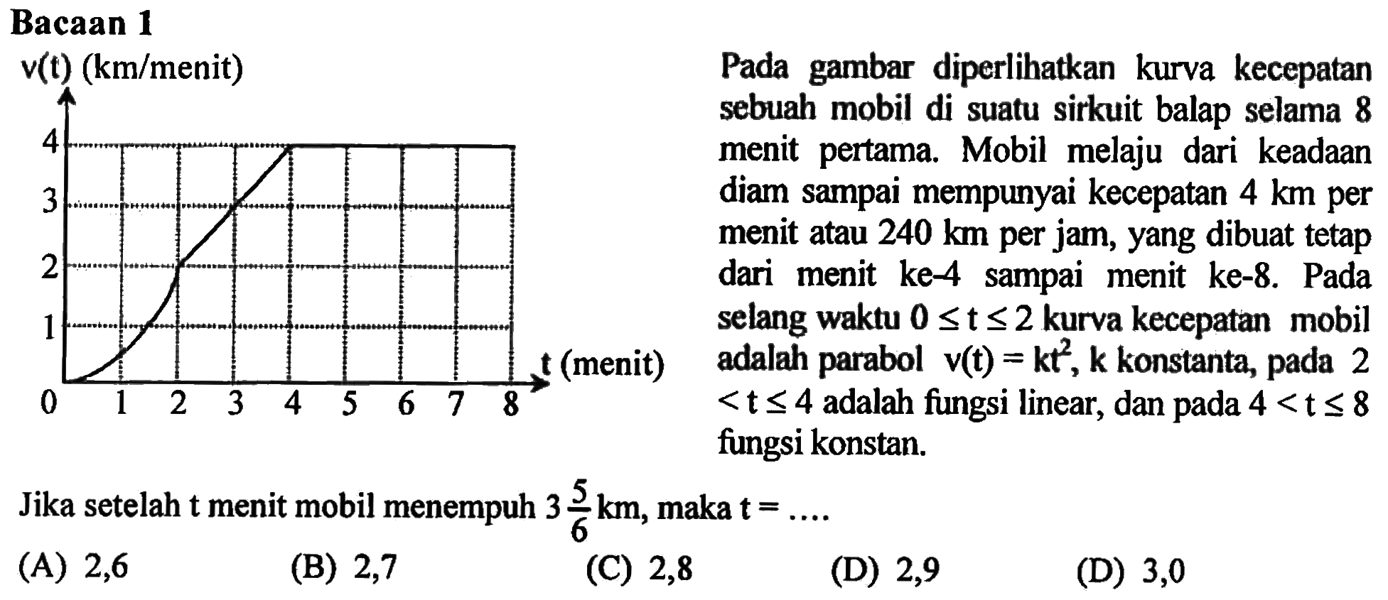 Jika setelah  t  menit mobil menempuh  3 5/6 km , maka t  =... 
