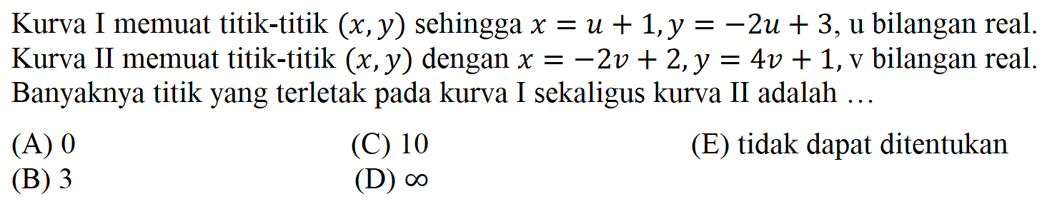 Kurva I memuat titik-titik (x,y) sehingga x=u+1, y=-2u+3, u bilangan real. Kurva II memuat titik-titik (x,y) dengan x=-2v+2, y=4v+1, v bilangan real. Banyaknya titik yang terletak pada kurva I sekaligus kurva II adalah.... (A) 0 (C) 10 (E) tidak dapat ditentukan (B) 3 (D) tak hingga