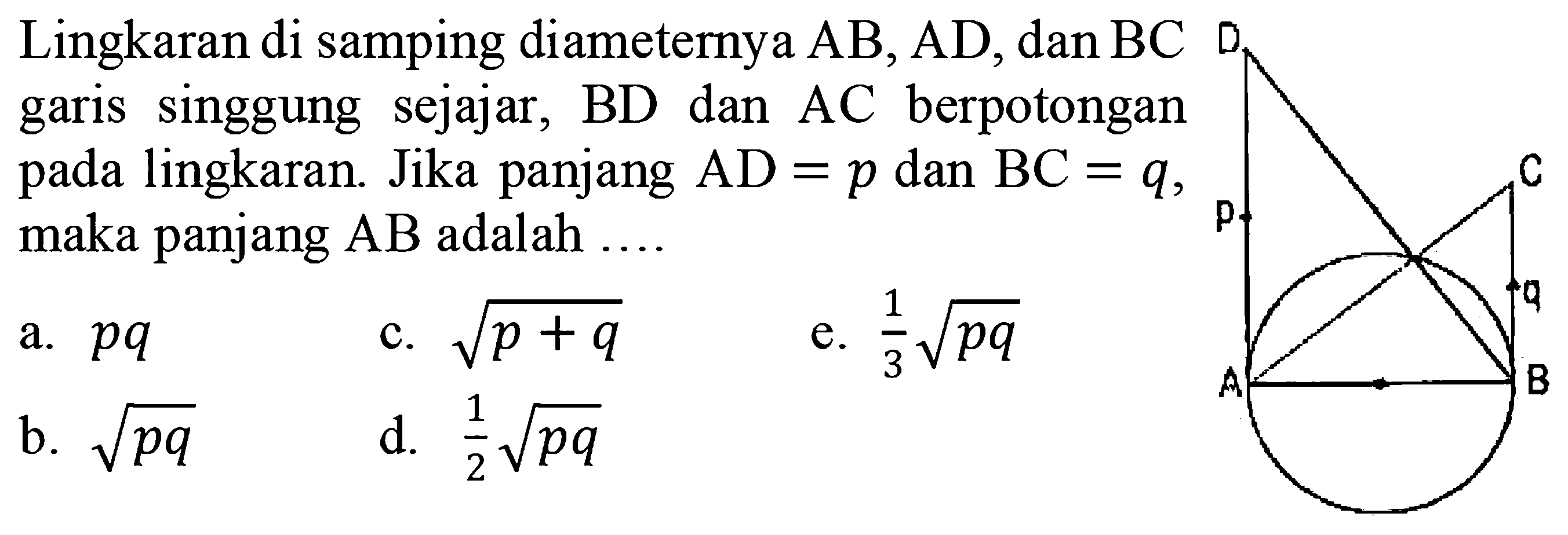 Lingkaran di samping diameternya AB, AD, dan BC garis singgung sejajar, BD dan AC berpotongan pada lingkaran. Jika panjang AD=p dan BC=q, maka panjang AB adalah .... D p A B q C