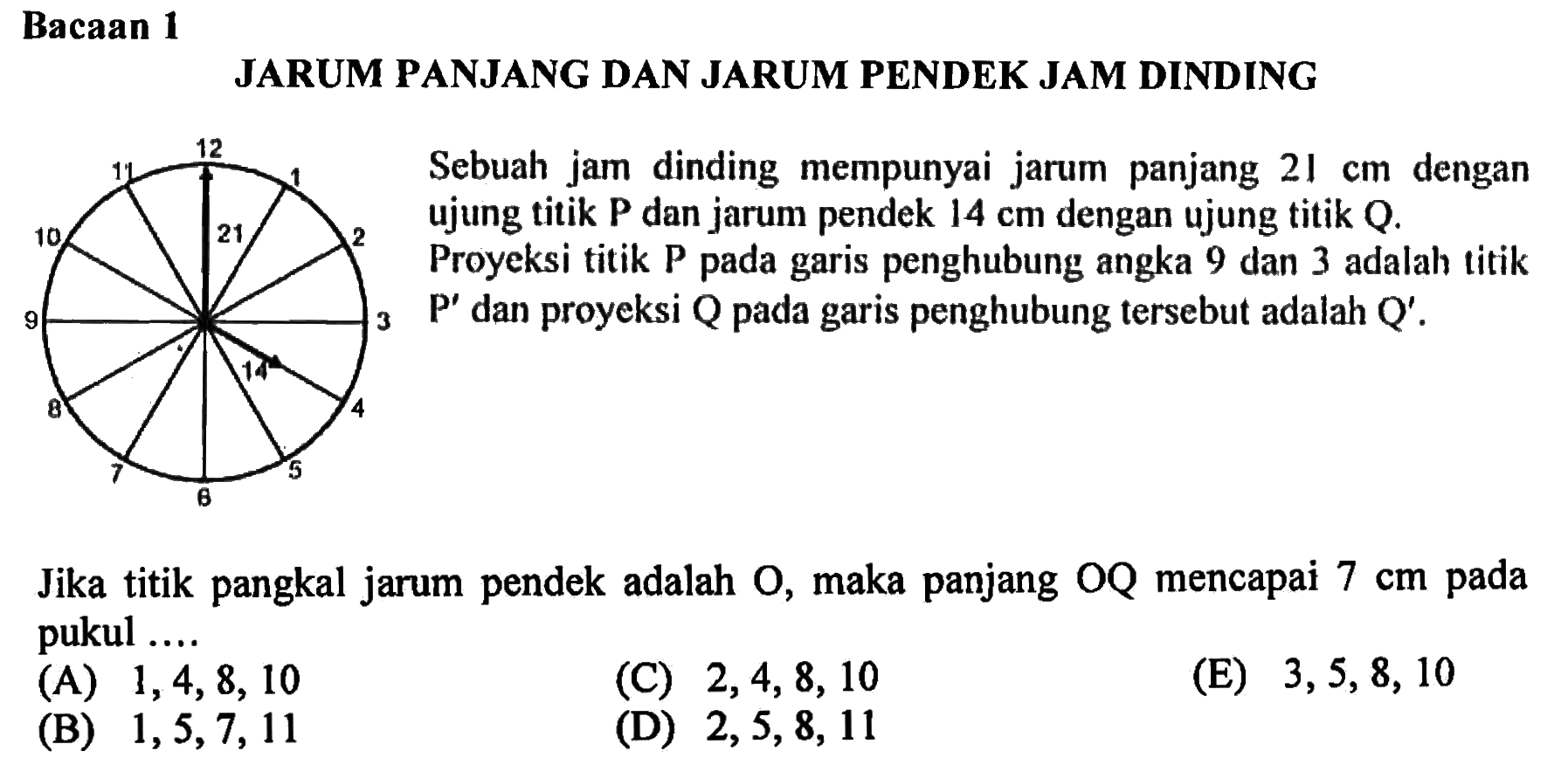 Jika titik pangkal jarum pendek adalah O, maka panjang OQ mencapai 7 cm pada pukul ....
