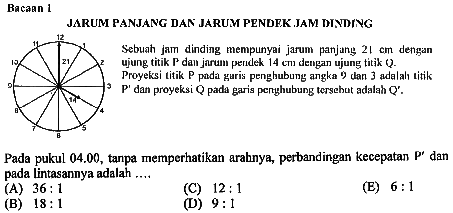 Pada pukul 04.00, tanpa memperhatikan arahnya, perbandingan kecepatan P' dan pada lintasannya adalah ....
