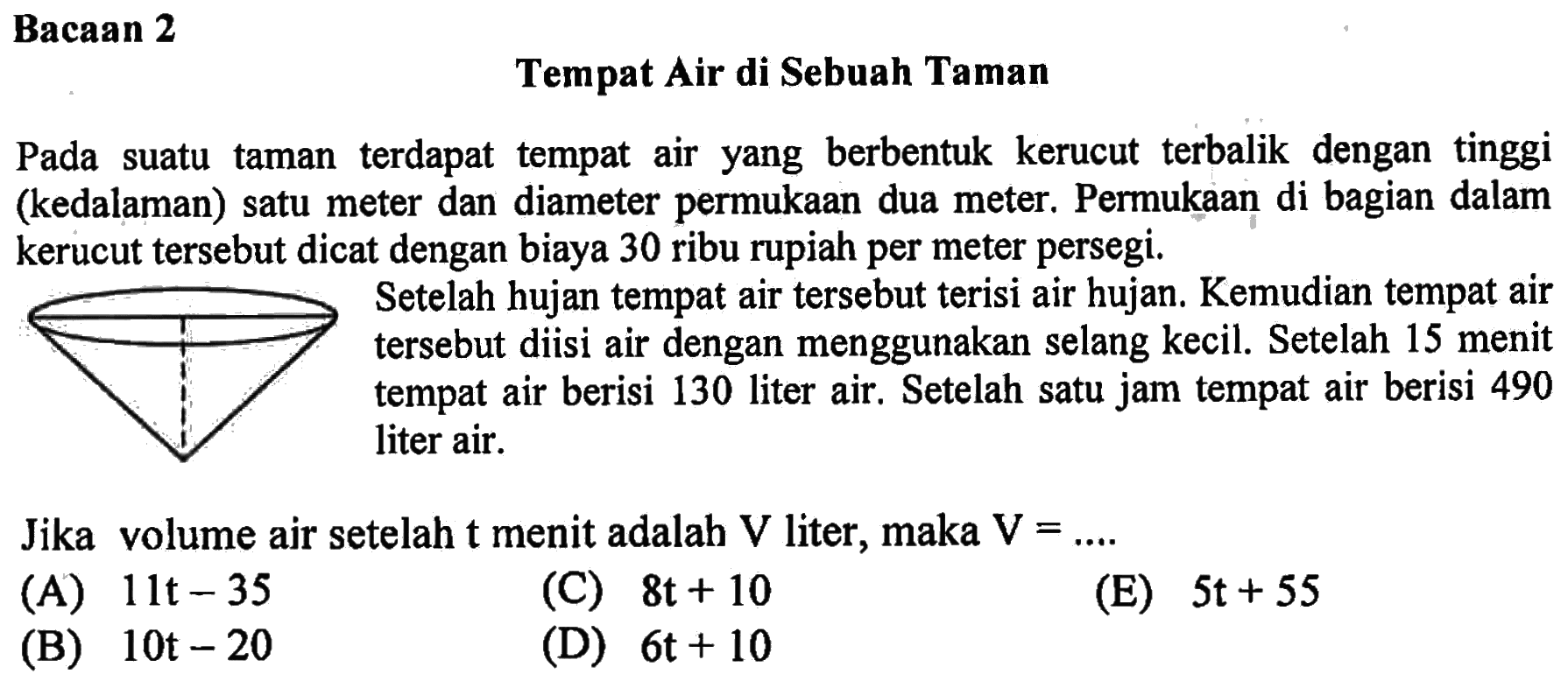 Jika volume air setelah t menit adalah V liter, maka V = ....