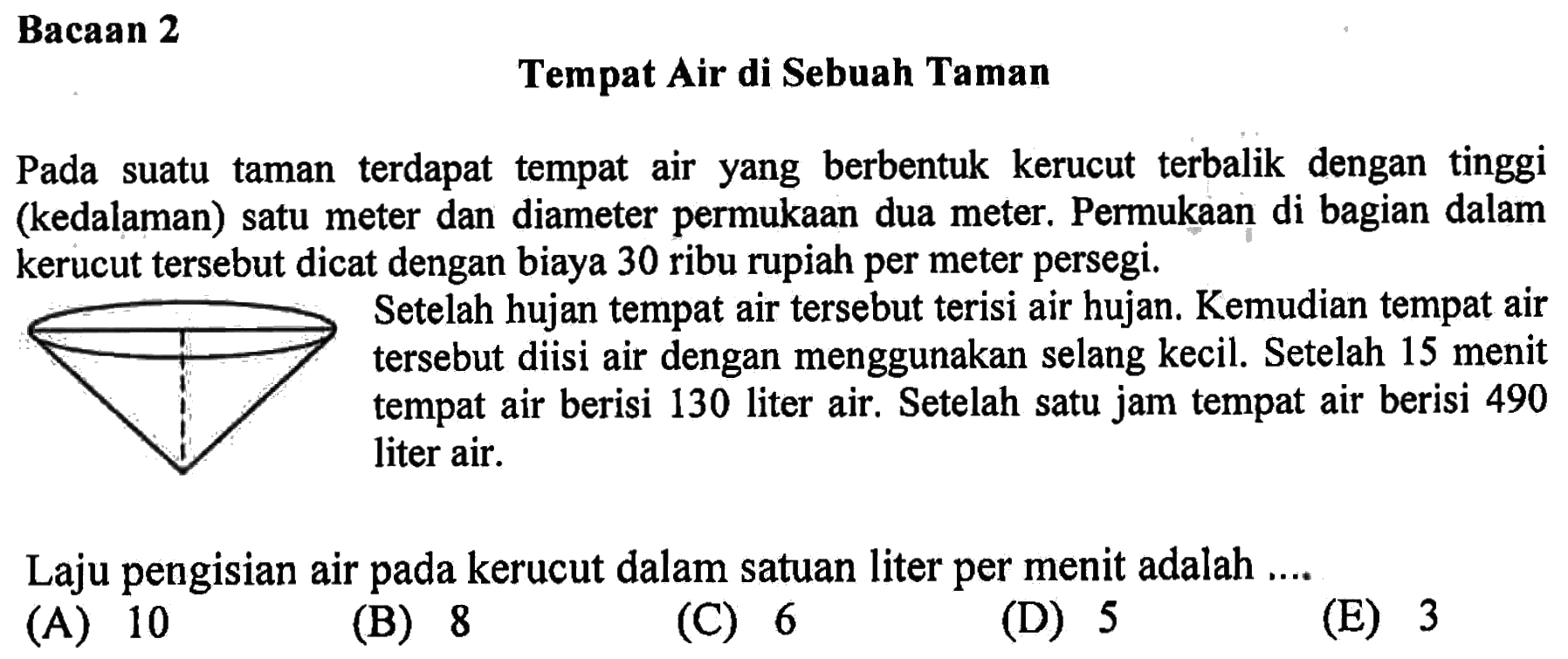 Laju pengisian air pada kerucut dalam satuan liter per menit adalah ....
