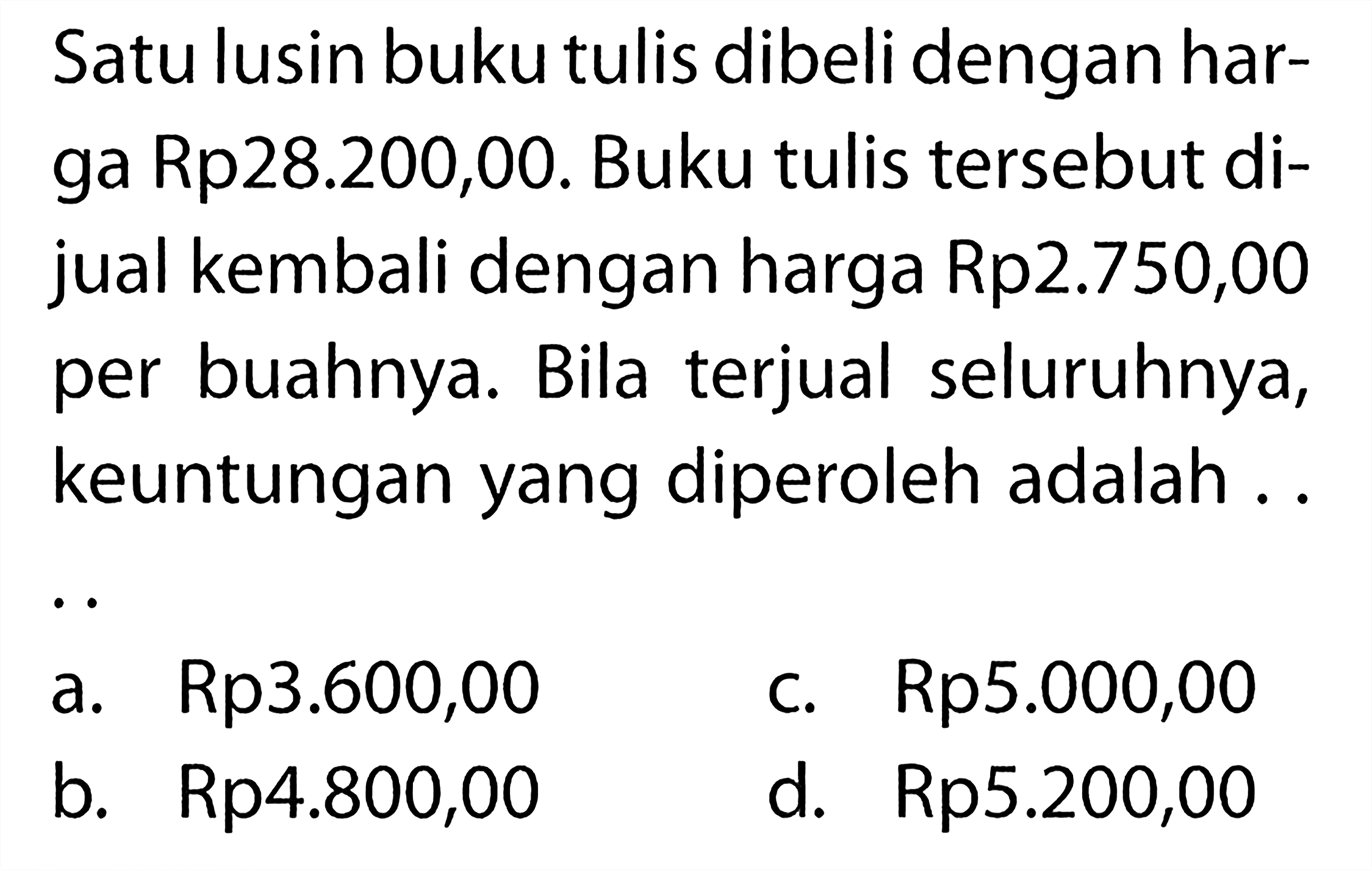 Satu lusin buku tulis dibeli dengan harga Rp28.200,00. Buku tulis tersebut dijual kembali dengan harga Rp2.750,00 per buahnya. Bila terjual seluruhnya, keuntungan yang diperoleh adalah ..