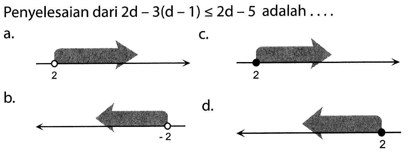 Penyelesaian dari 2d-3(d-1)<=2d-5 adalah ....a. b. c. d. 