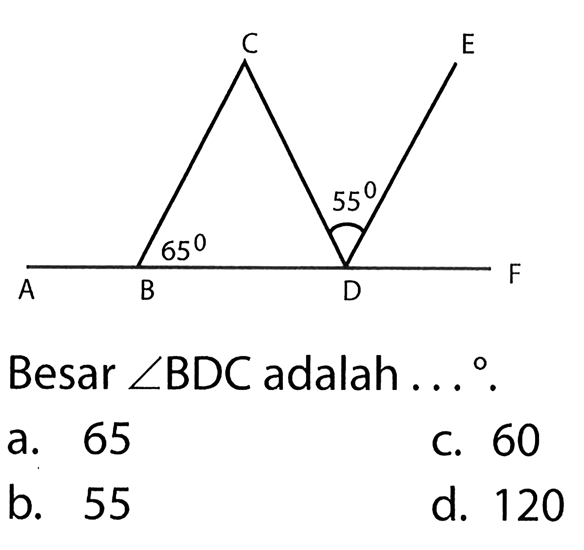 A B 65 C 55 D E FBesar sudut BDC adalah ... 