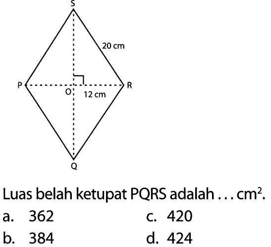 Luas belah ketupat PQRS adalah ... cm².P Q R S 20 cm 12 cm a. 362
b. 384
c. 420
d. 424