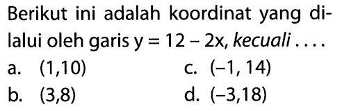 Berikut ini adalah koordinat yang dilalui oleh garis y = 12 - 2x, kecuali .... 
a. (1, 10) 
b. (3, 8) 
c. (-1, 14) 
d. (-3, 18)