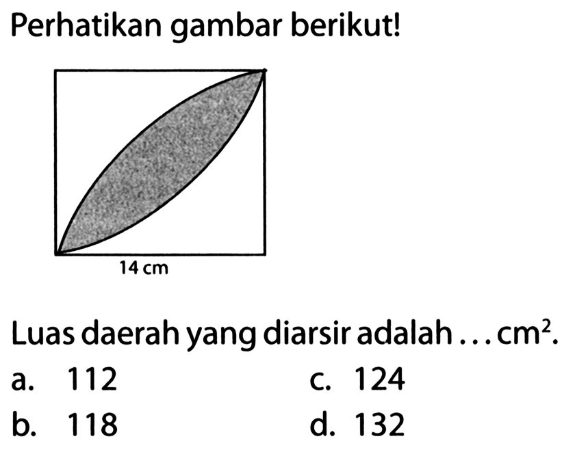 Perhatikan gambar berikut! 14 cm Luas daerah yang diarsir adalah ...  cm^2. 