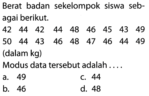 Berat badan sekelompok siswa seb-agai berikut.42  44  42  44  48  46  45  43  49  50  44  43  46  48  47  46  44  49  (dalam kg)           Modus data tersebut adalah....  