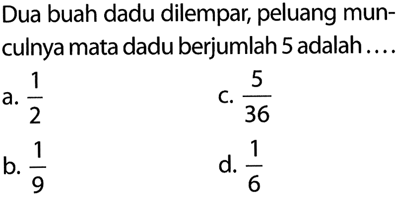 Dua buah dadu dilempar, peluang munculnya mata dadu berjumlah 5 adalah ....
